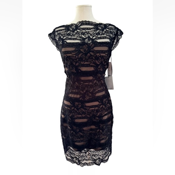 Nicole Miller Illusion Yoke Lace Sheath Dress Worn by Grace Sz L Black - Picture 4 of 12